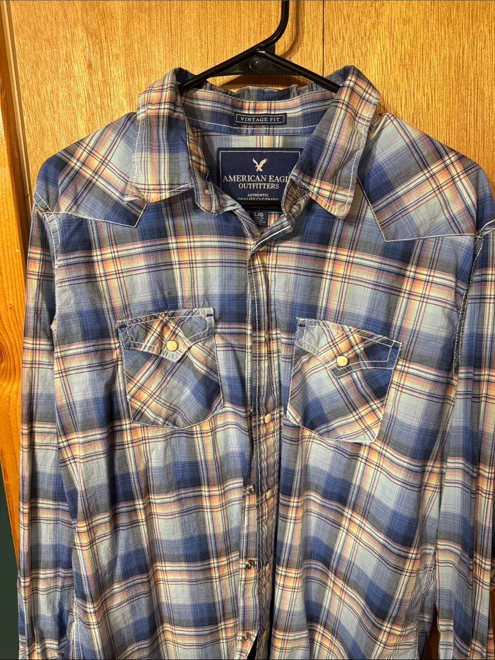 American Eagle Outfitters Blue and Cream Plaid Pearl Snap Shirt